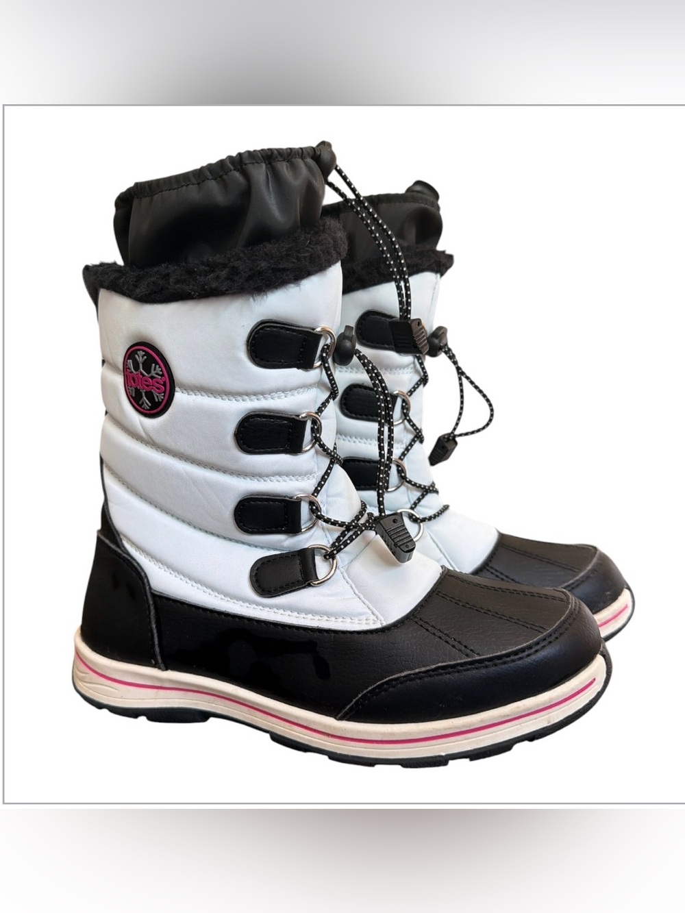 totes White and Black Women's Winter Snow Boots with Pink Trim